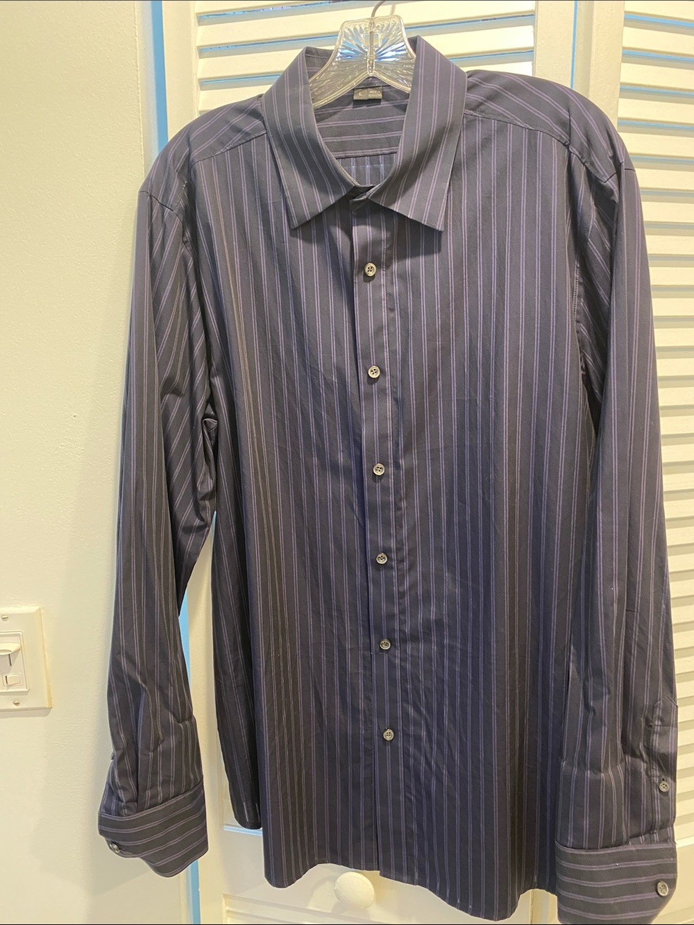 Theory Men's Navy and Purple Pinstripe Long Sleeve Shirt